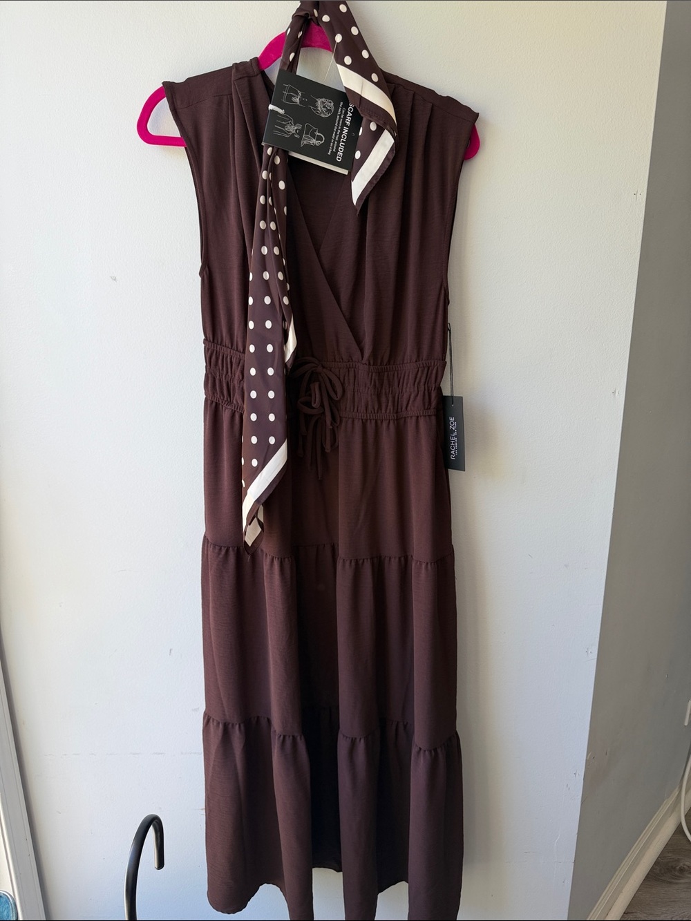 Rachel Zoe Dark Brown Sleeveless Tiered Midi Dress w/ Polka Dot Scarf size Large